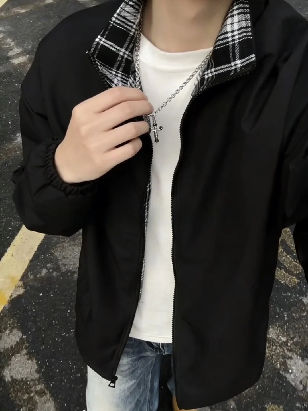 Black American Plaid Jacket Men's Autumn Trendy Sport Coat Short Baseball Uniform Splice Design Casual Style Zipper Closure