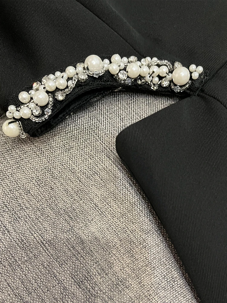 

Handmade Bla Heavy-Du Long Sve Faion Commute Suit with Waist Exposure Diamond Decoration Pure Color Regular Fit