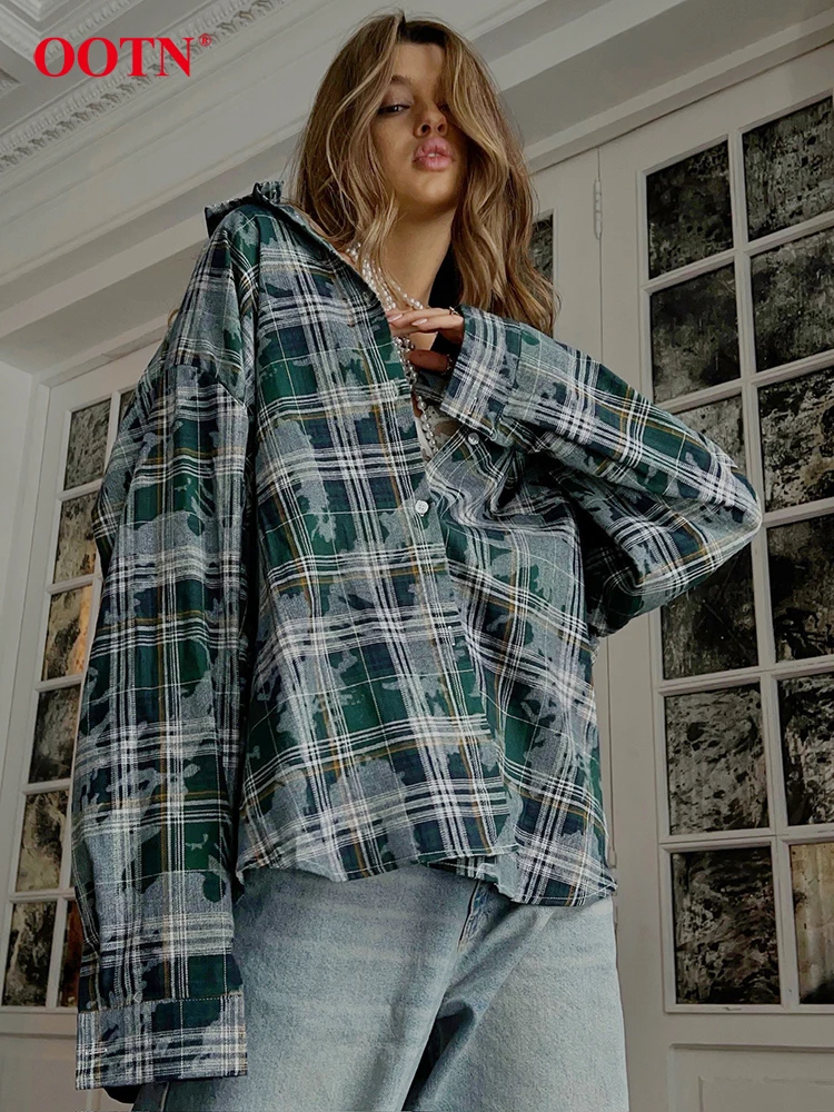 OOTN Vintage Check Long Sleeve Shirts Spring Streetwear Loose Turn Down Collar Blouse Women 2024 Casual Single Breasted Tops