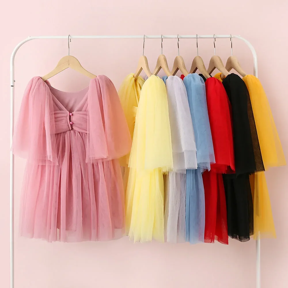 Vestidos de niña de manga corta con cuello en V, vestidos elegantes multicapa de tul plisados hasta la rodilla, vestidos de fiesta informales bonitos para uso diario