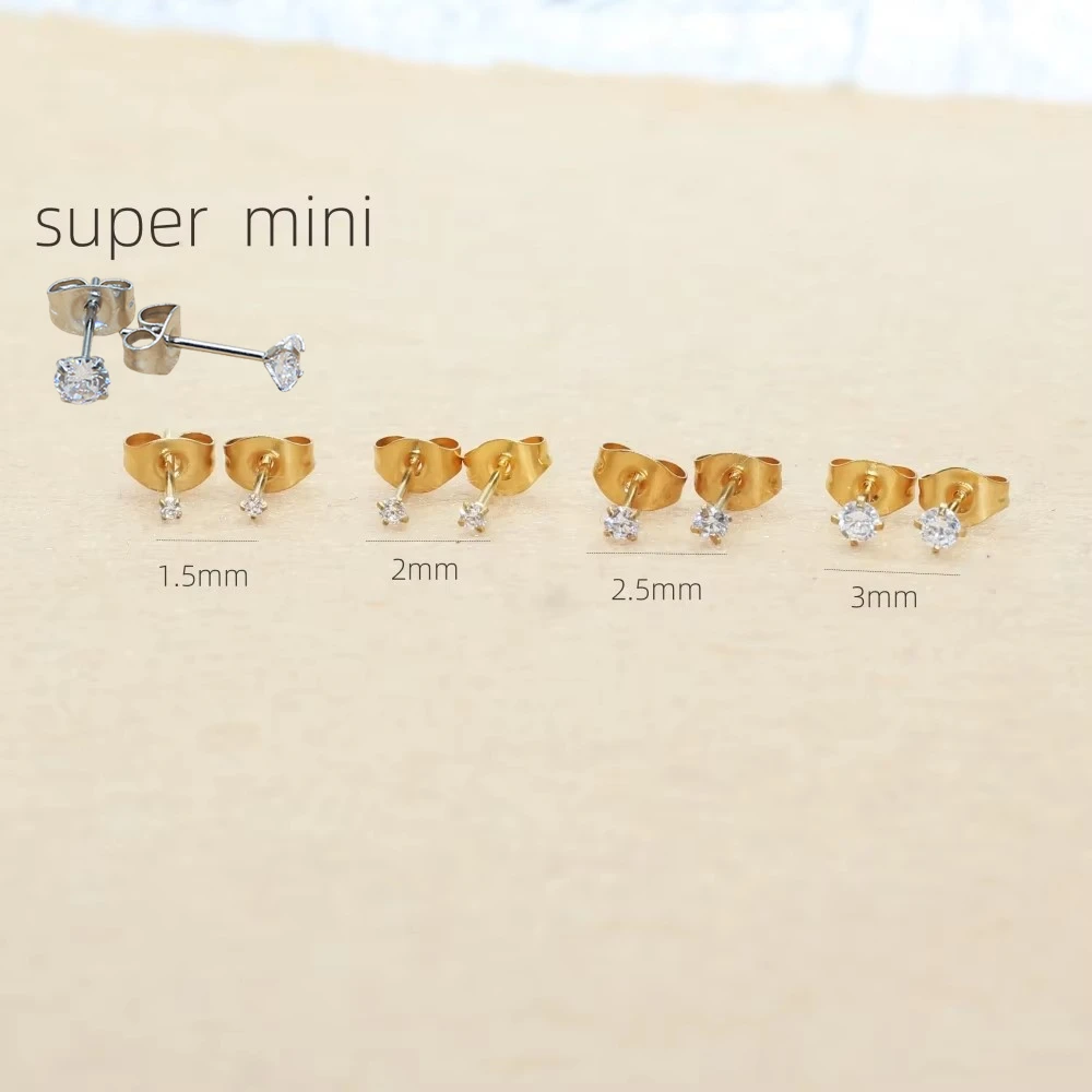 Fashion Classic Unisex Mini 1.5 2 2.5 3mm White AAA Zircons Stainless Steel Stud Earrings For Men Women Brief Style
