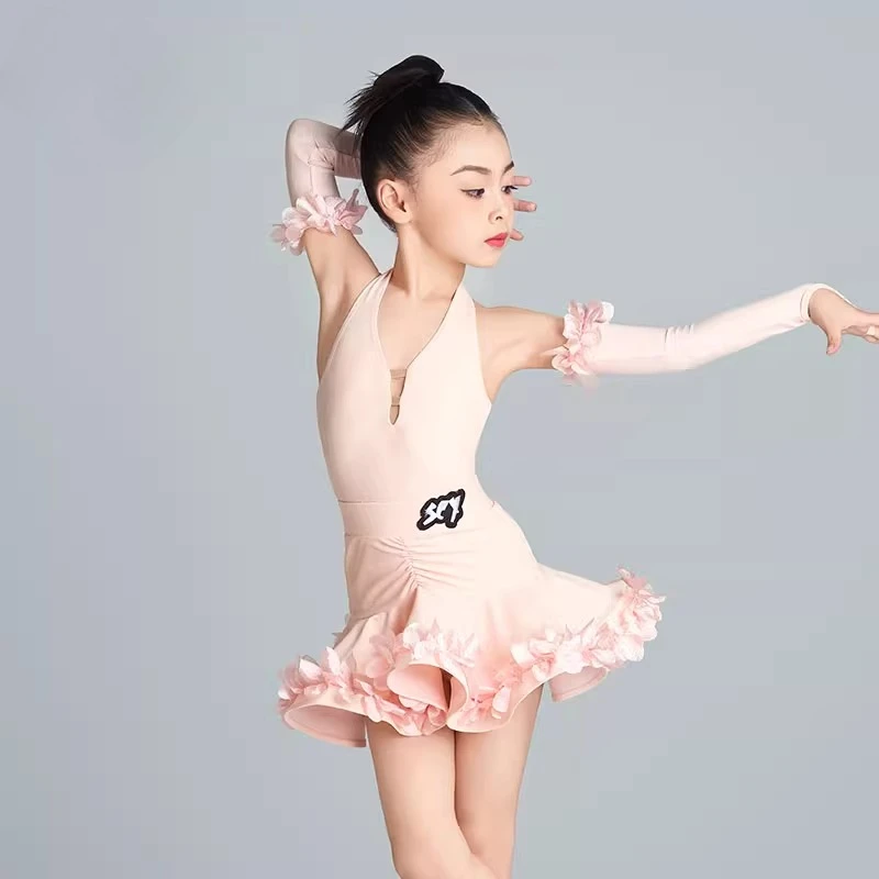 Traje de baile latino para niñas, traje de actuación de baile de práctica latina de alta gama de malla para niños, vestido de baile latino