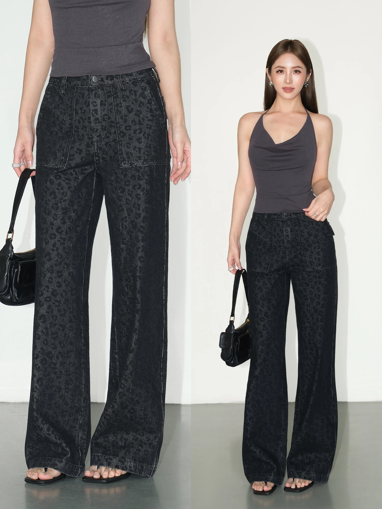 

NEVA HU Wild DNA American Retro Leopard Print Straight Leg Jeans Women Loose Wide Leg Casual Workwear Pants Cotton l Waist