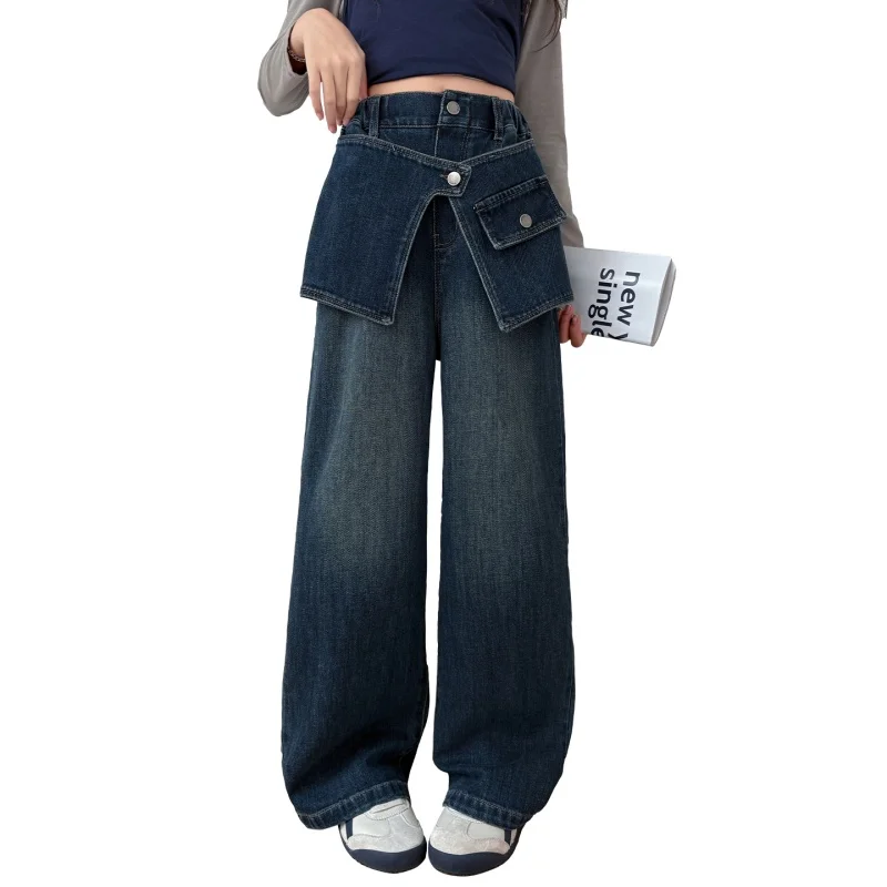 

Children Gothic Harajuku y2k Jeans with Skirt For Teen Girls High Street Hip Hop Rap Denim Pants Kids New Designer Trousers