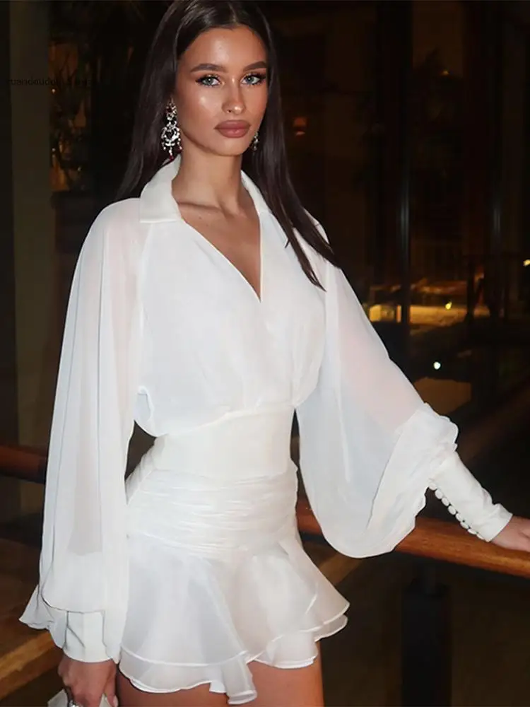 Backless Cut Out Ruffled Pleated Mesh Cinched Waist V-Neck Blouse Fluffy Skirts Lantern Sleeve Shirt Skirt Two Piece Set