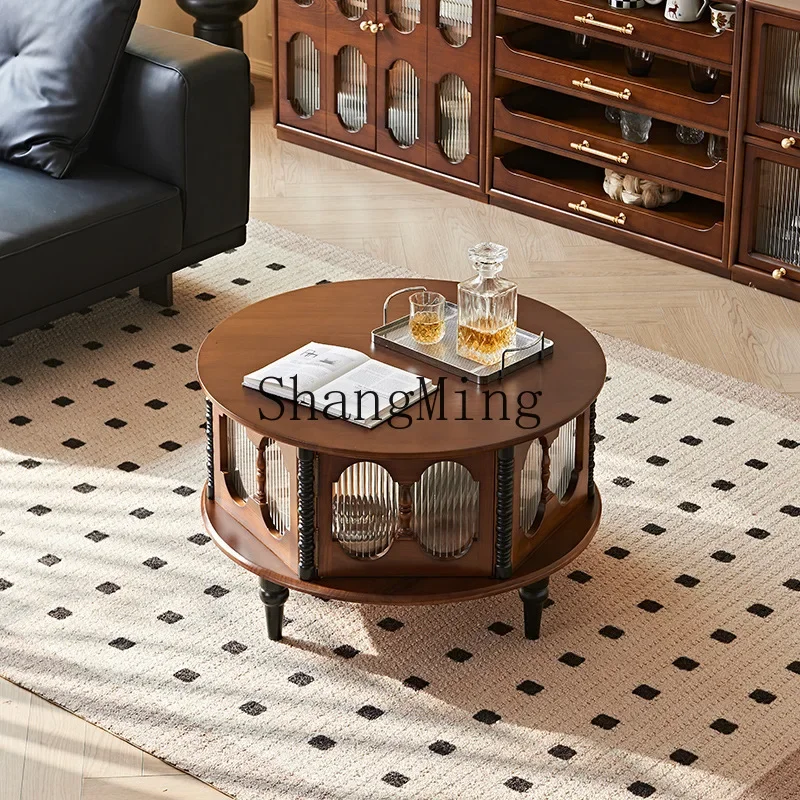 طاولة قهوة عتيقة لغرفة المعيشة FG مصنوعة من الخشب الصلب القديم مع وظيفة تخزين مستديرة #3