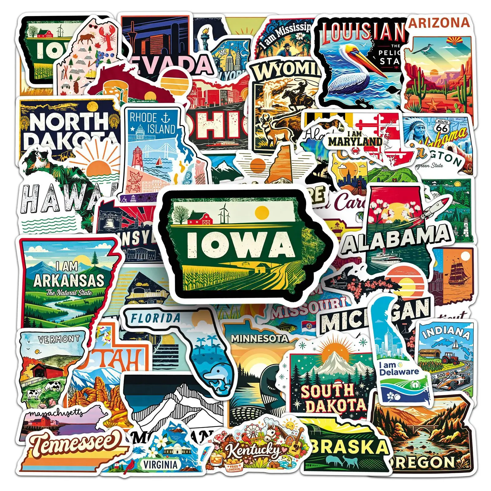50 Pcs US States Map Stickers Creative Scenery Journal Supplies Car Decorative Laptop Wall Stickers