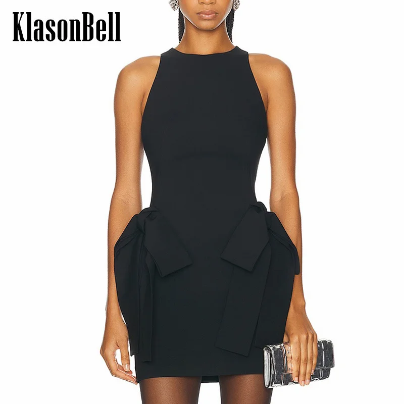 

10.21 KlasonBell Women's Sweet Fashion Two Side Bow Design Package Hip Short Dress O-Neck Sleeveless Collect Waist Party Dress