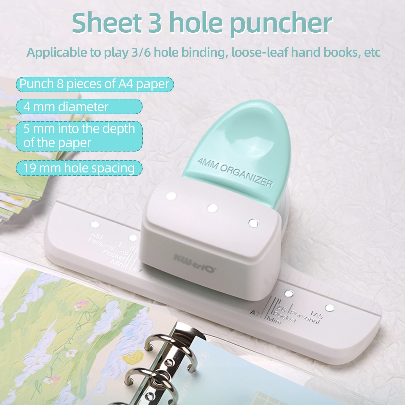 KW-trio 9027 Loose Leaf Hole Punch Daily Planner Adjustable 3 Hole Paper Puncher for A8 Mini / A7 / A7 Pocket / A6