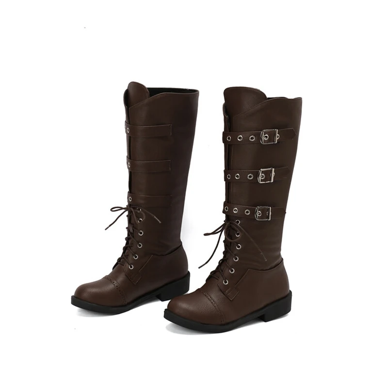 

SIMLOVEYO женские сапоги до колена с круглым носком на каблуке 3 см, пряжками из искусственной кожи на шнуровке, стиль для езды на мотоцикле, большие размеры 48 Party Bota