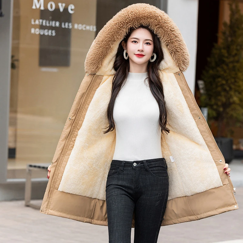 Winter Aesthetic Hooded Parka Fluffy Fur Collar Drawstring Waist Detachable Inner Mid‑Length Casual Outerwear In Three Shades