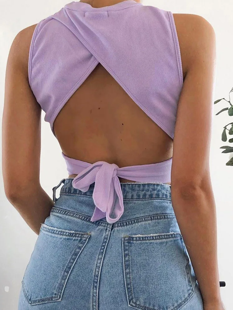 Camiseta sin mangas con espalda descubierta para mujer, top corto ajustado con vendaje, ropa de calle informal, top entrecruzado suave de algodón liso 2024