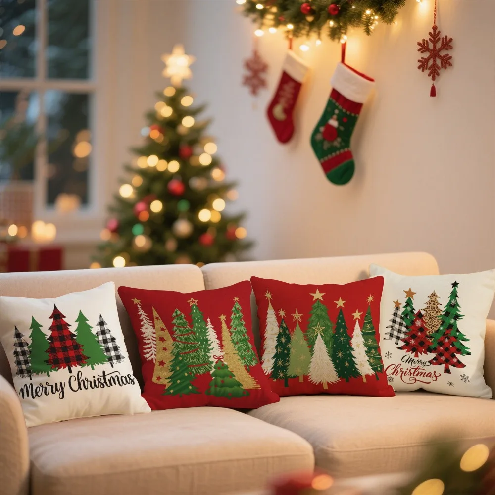 Red background, green and gold christmas tree and lattice tree, Christmas pillowcase, super eye-catching 2d graphic printing