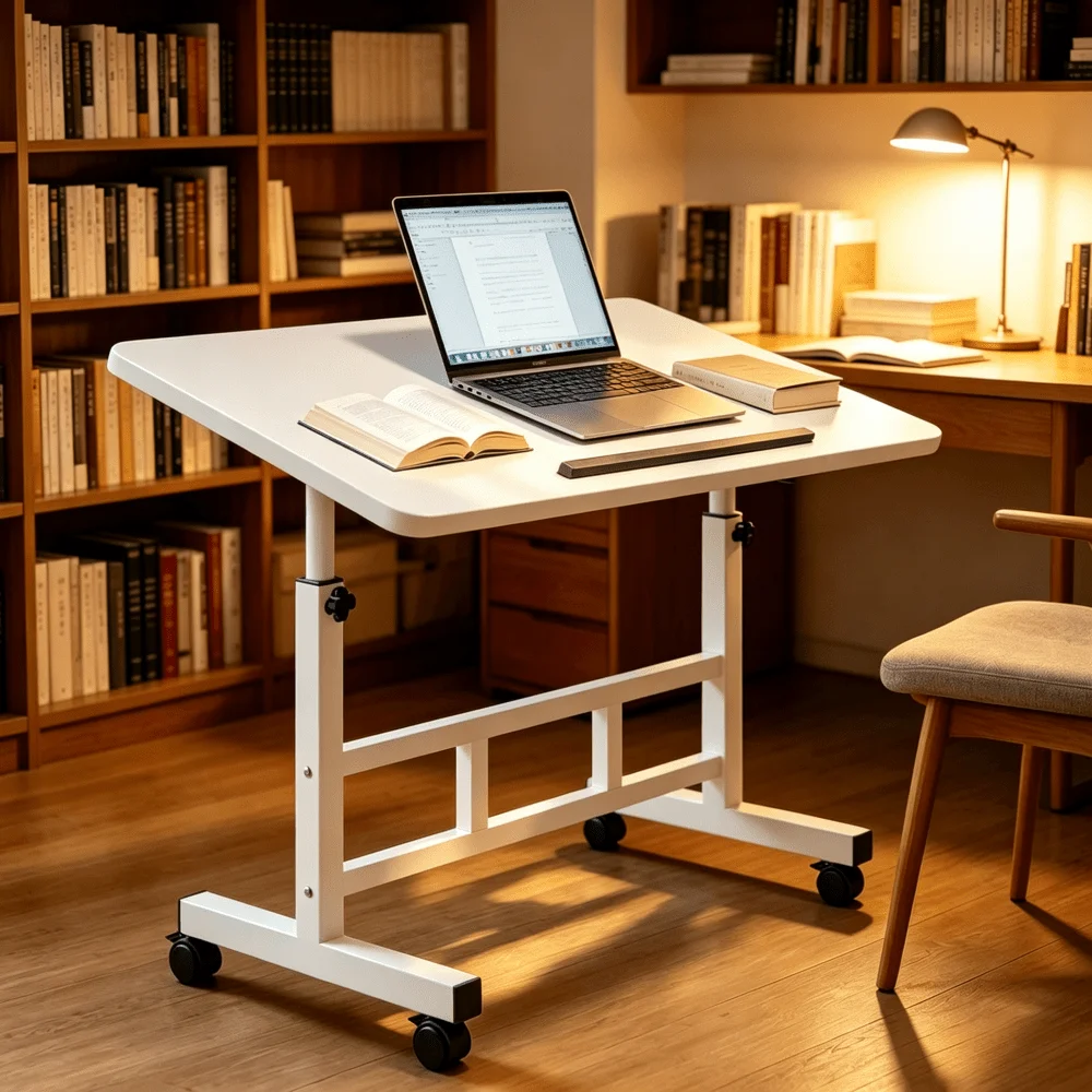 Luxury Large Foldable Side Table With Wheels - Lockable Mobile Laptop Desk - C-Shaped Portable Bedside Workstation - Suitable For Bed, Sofa, Home Office - Vintage Wood Grain Multifunctional Computer Desk - For Work, Reading, Dining, Gift