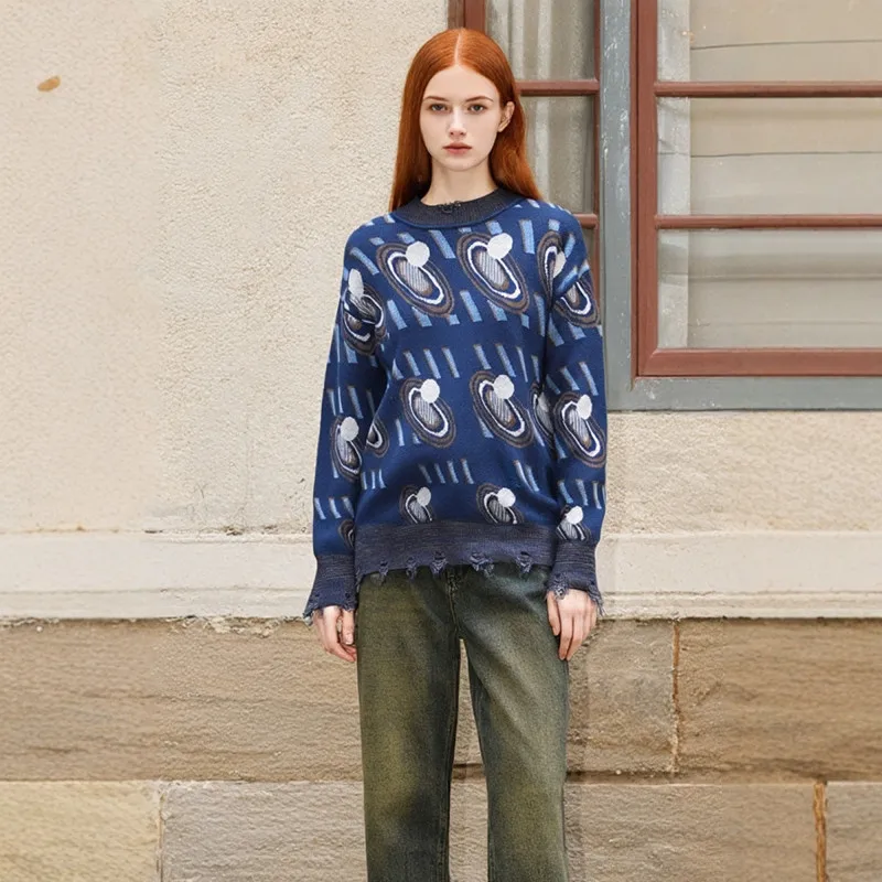 

Round Neck Knitted Sweater for Women Fashionable Autumn Winter Warm Comfortable Casual Loose Wool Jacquard Pullovers F616