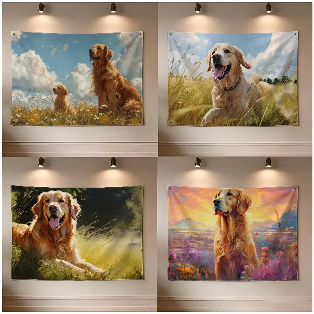 Adorable Canine Golden Retriever Flags Borderless Four Ring Ornament Indoor Outdoor Decoration Quick Hang Install