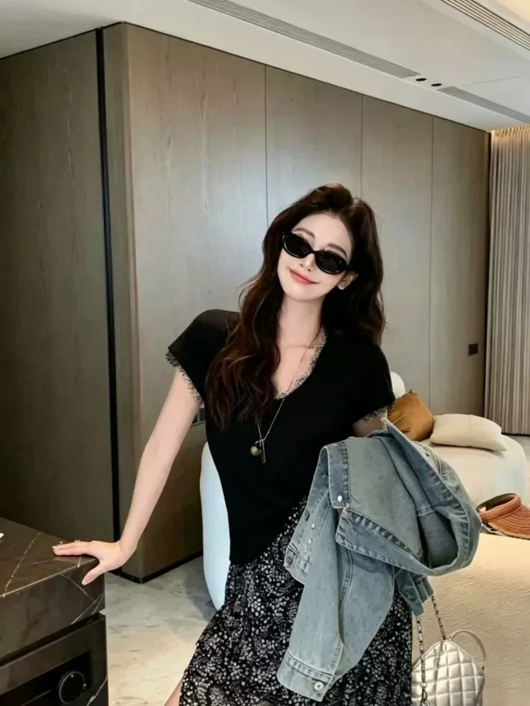 

Ice Silk Snowflake Cotton Lace Short Sleeve T-Shirt Women's plus Size Loose V-Neck Slimming Summer Top Casual Simple Style