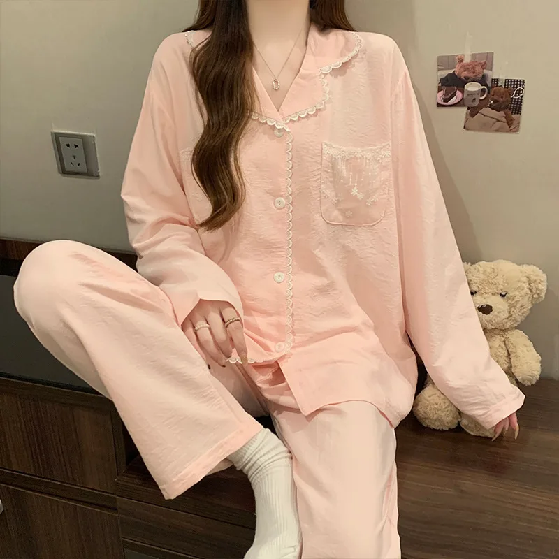 

Women's Long Sleeve Pajama Set Spring and Autumn Sleepwear Cardigan Girl Korean Style Cloud Cotton Homewear Set