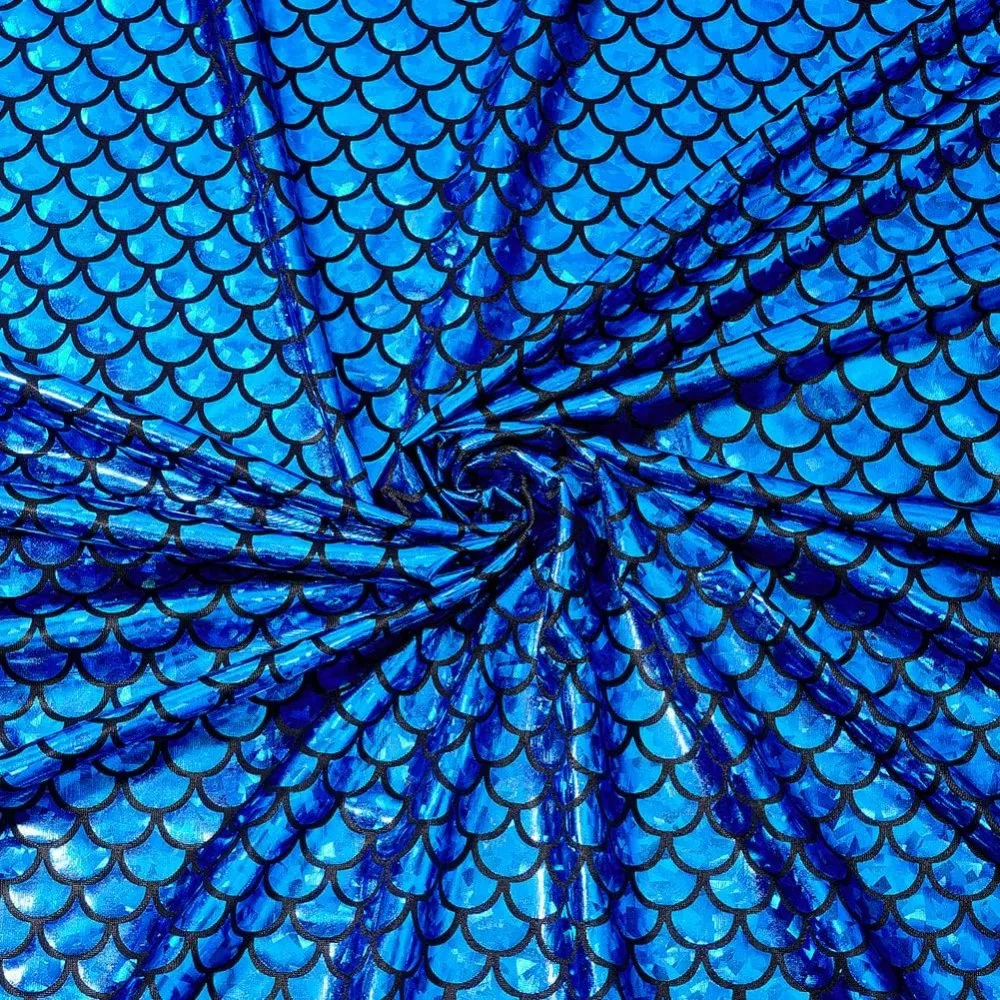 Mermaid Scales Fabric 39x59 inch Blue Sparkly Hologram Spandex Mermaid Printed Fish Scale 2 Way Stretch Mermaid Fishscale Fabric