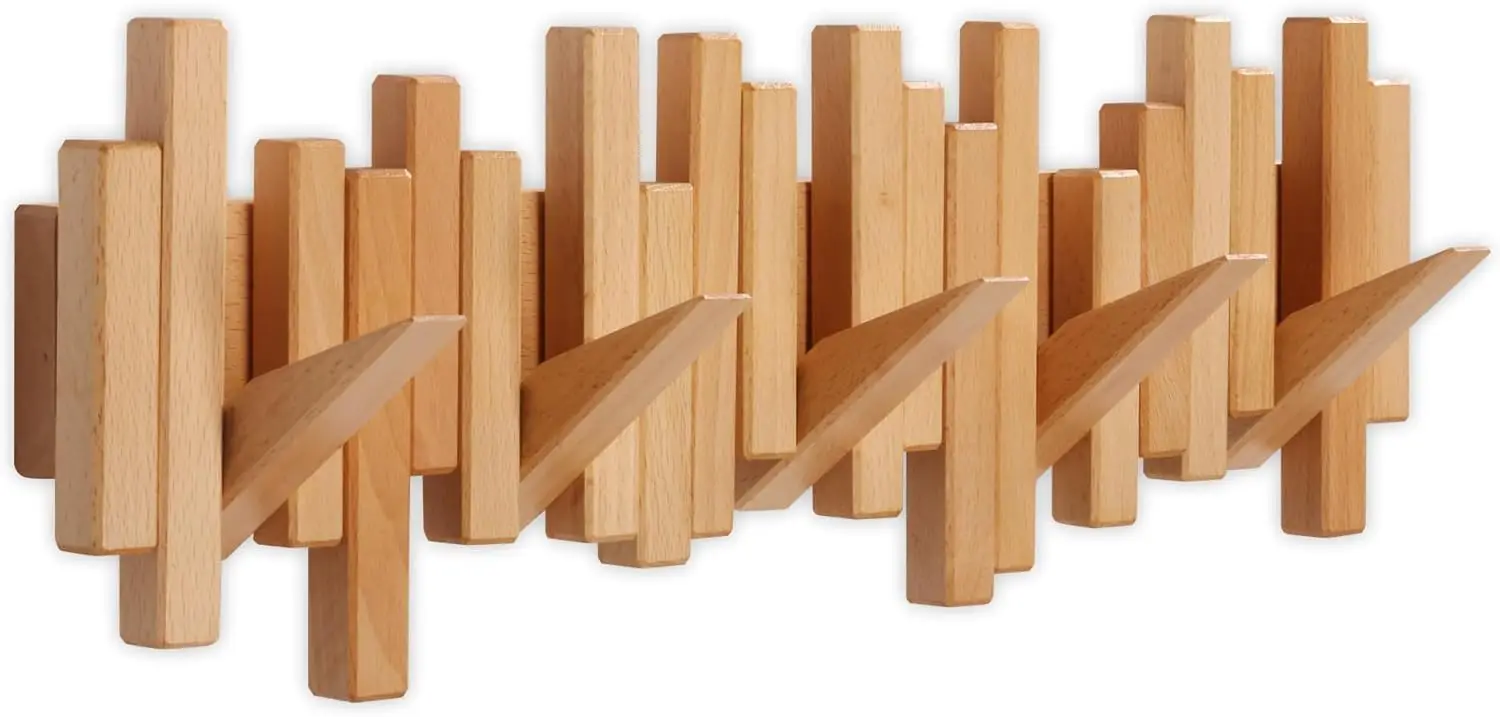 

Wooden Wall Mounted Coat Rack with 5 Flip-Down Hooks, Solid Handmade Natural Wood Artwork for Coats Bag Hat Umbrella