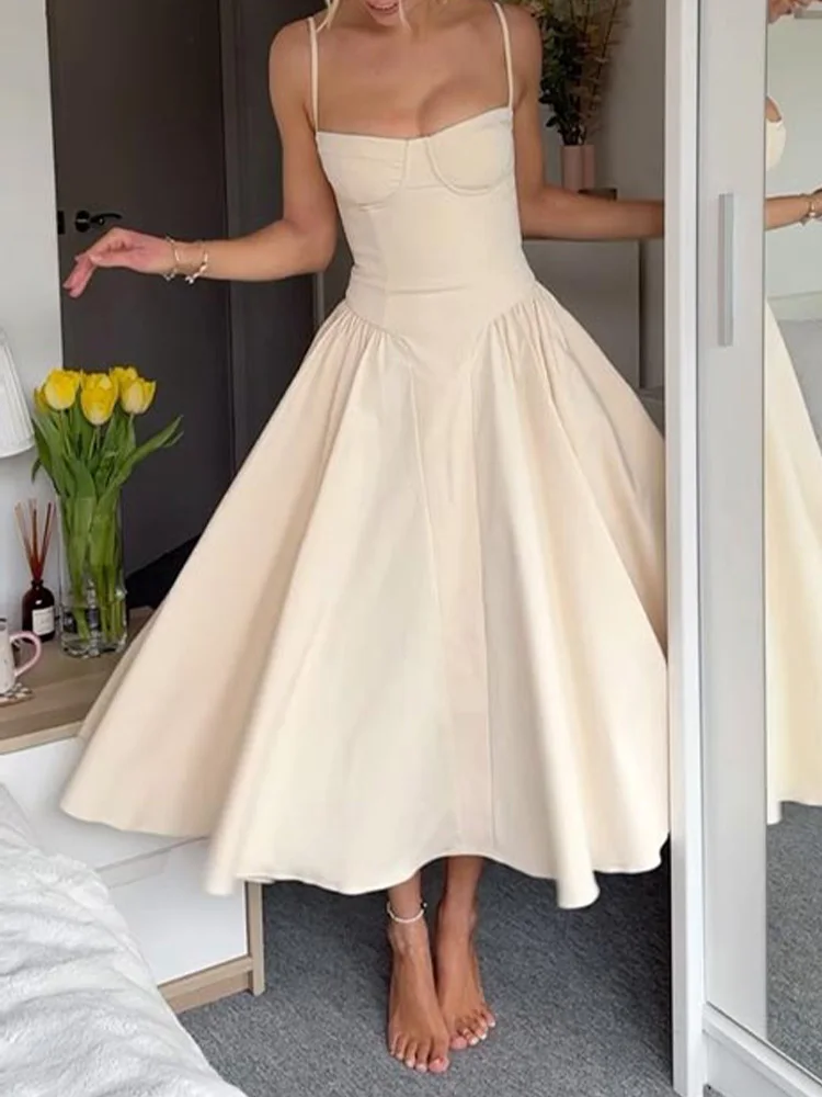 EOTVOTEE Elegant Vintage Solid Dress for Women Fashion Sexy Club Dresses Streetwear Slim Midi 2024 New Spring Summer Dress