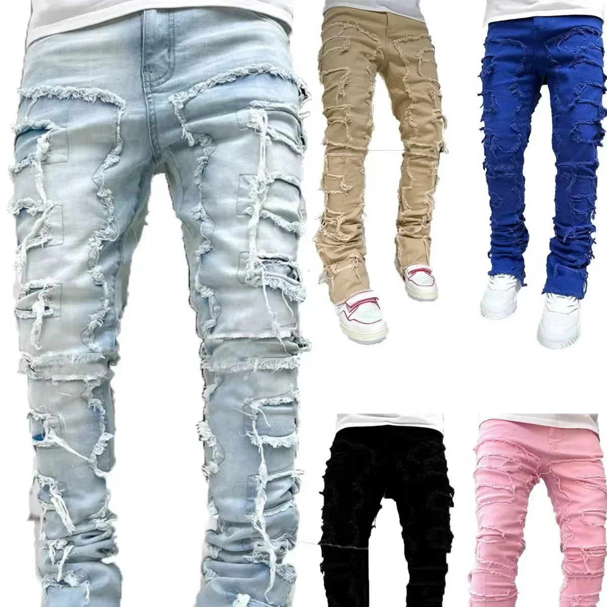 

Spliced Distressed Denim Pants Men Jeans Ripped Mid Waist Pockets High Street Jean Skinny Washed Ankle Length Pencil Pants 2025
