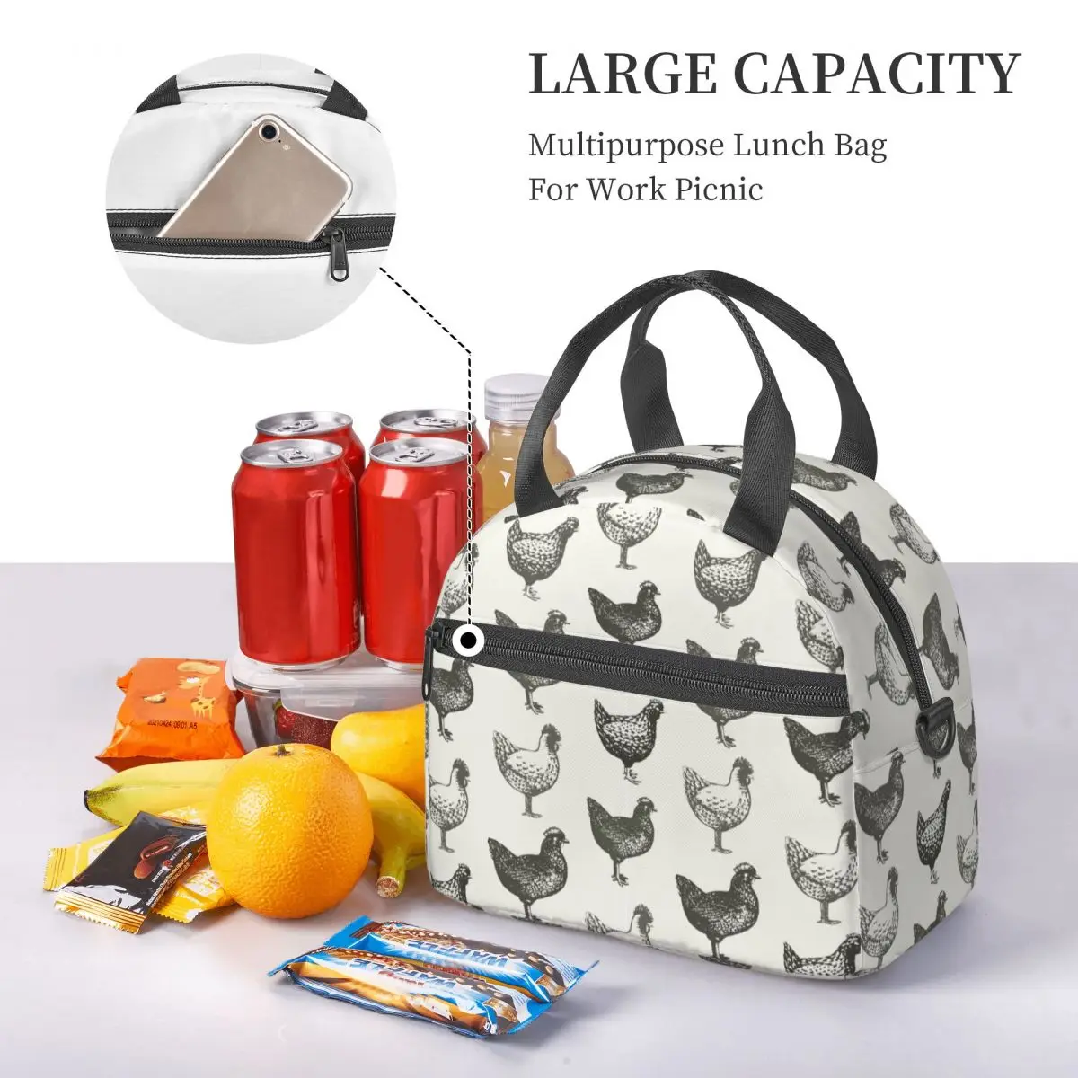 Farm Rooster Hen Large Thermal Insulated Lunch Bag With Adjustable Shoulder Strap Retro Farm Birds Portable Bento Lunch Boxes