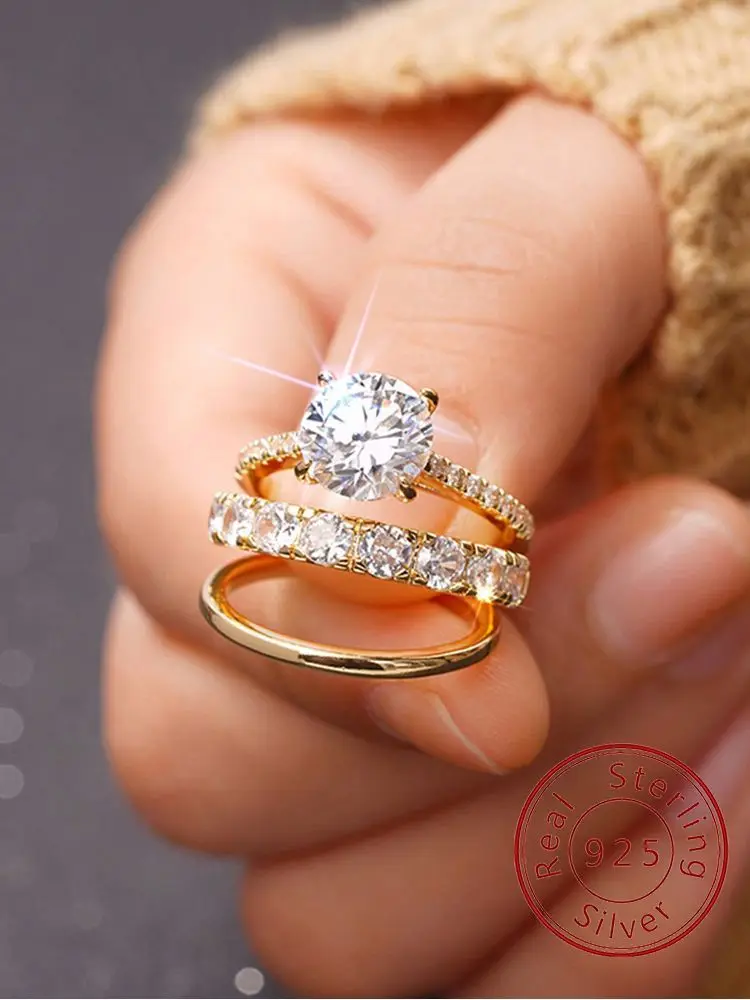 

925 Sterling Silver Gorgeous Round Full Zircon Ring Three Piece Set For Women Engagement Wedding Luxury Fine Jewelry