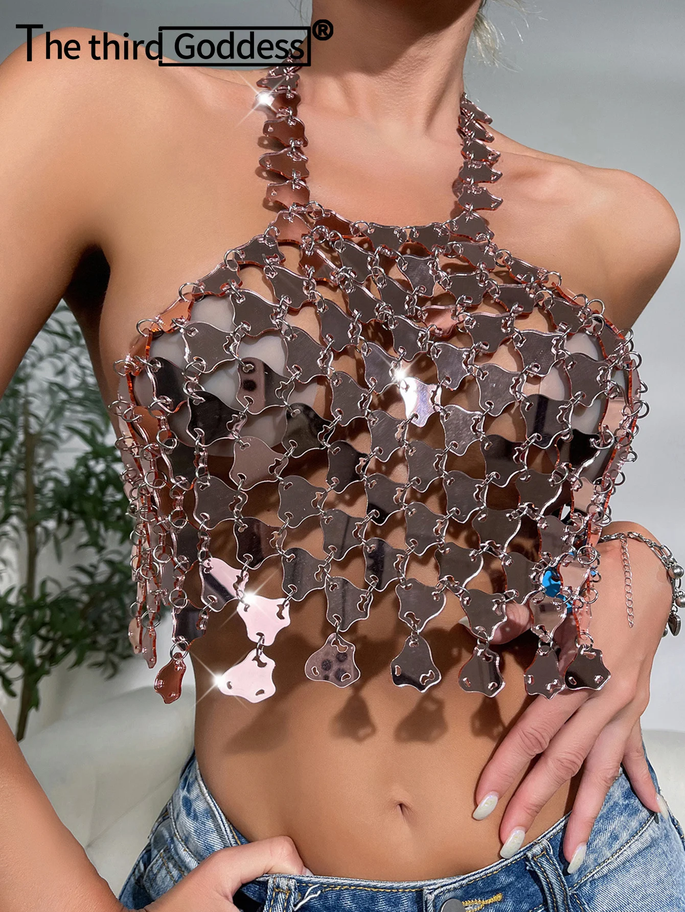 Sexy y2k clothes metal sequin crop top women summer see through body beach party tops woman night club hotwife halter tank top