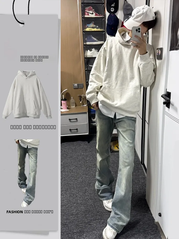 

Мужской осенний винтажный комплект: худи и джинсы Bell Bot в американском стиле, молодежный, стильный, крутой