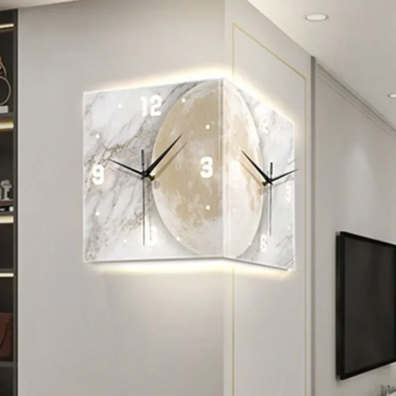 NONE Kreative Eckwanduhr Wohnzimmer Große LED-Uhren Leuchtende Wandkunst Doppelseitige Stille Uhren Dekoration für Schlafzimmer 5