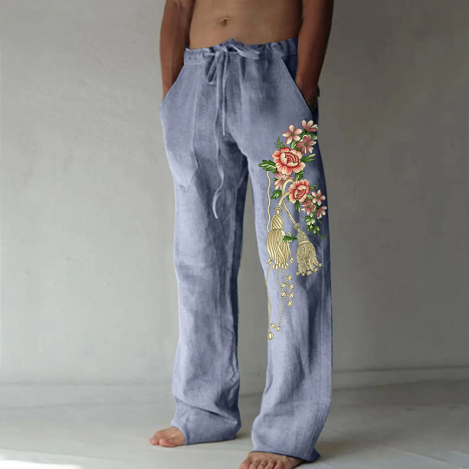 Men Baggy Cotton Linen Pants Casual Flowers Print Pockets Lace Up Pants Wide Leg Pant Full Length Drawstring Beach Holiday Pants