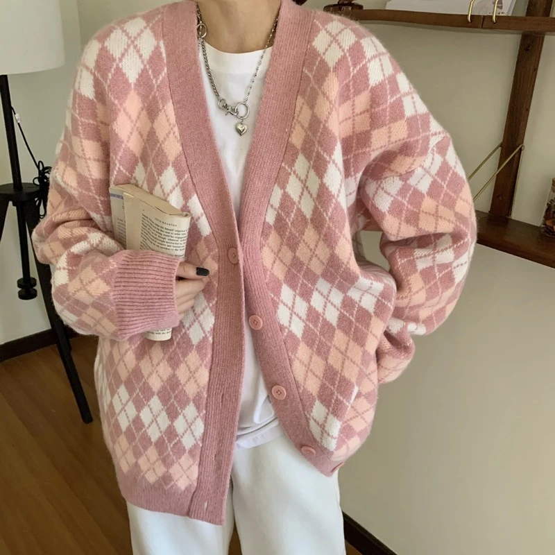 Women\'s Cardigans Long Sleeve Argyle Knitted Sweaters Ladies Korean Pink with Buttons V Neck Cardigan Jacket for Women