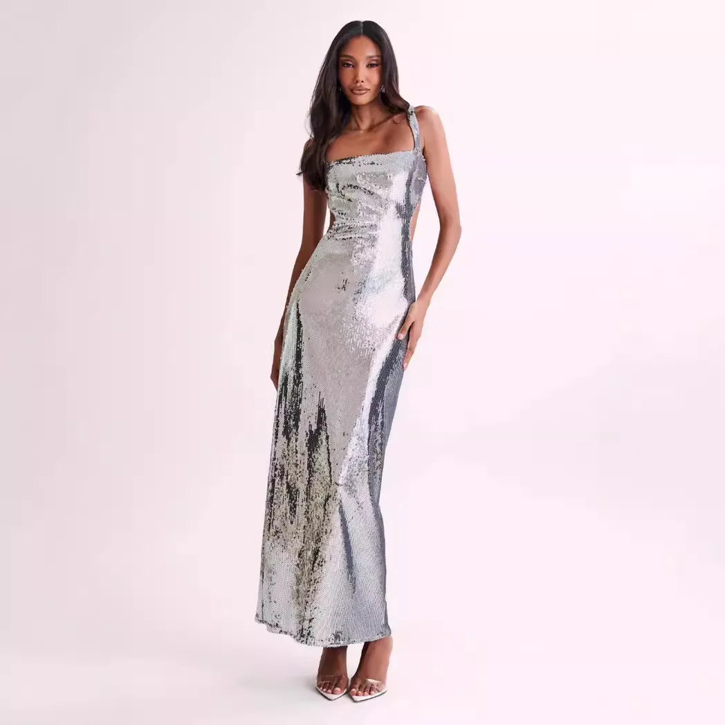 Vestidos de festa de lantejoulas de cor sólida feminino sexy baixo corte sem costas pacote hip magro baile de formatura vestido de noite moda na moda vestidos de banquete