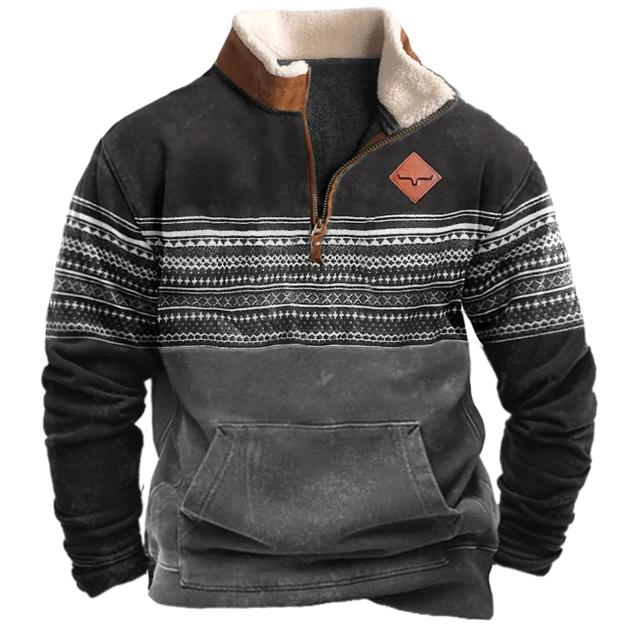 

Western Ethnic Style Men's Sweatshirt Vintage Zipper Stand Collar Sweatshirt Autumn Spring Stripe Male Clothing Pullover Tops