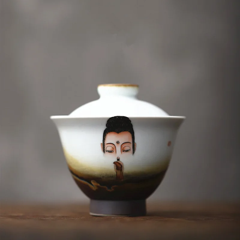 Jingdezhen Ru Ware Hand-Painted Buddha Tureen Painted Ru-Porcelain Gracked Glaze San Cai Gaiwan Tea Cup