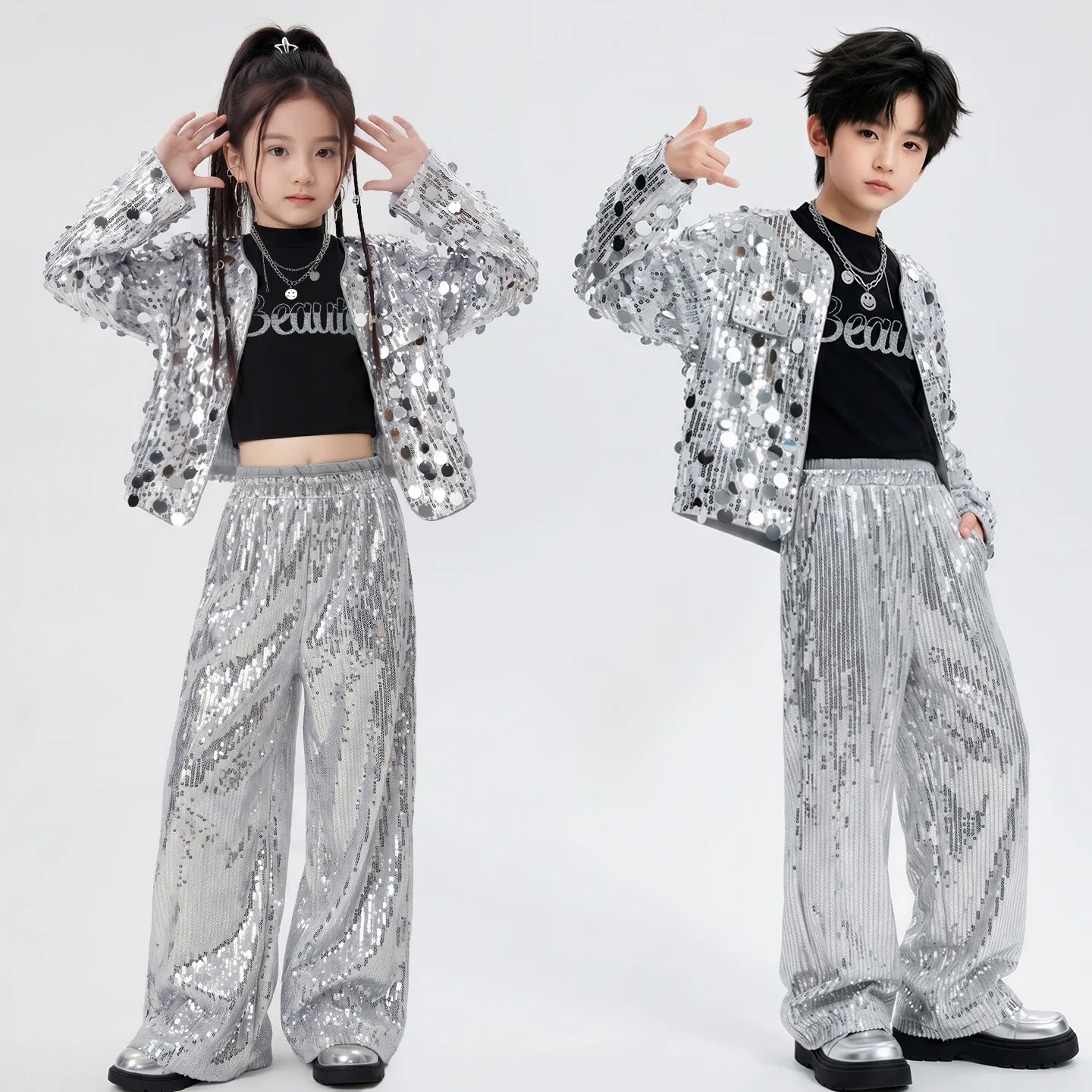 Hip Hop Boys Sequin Jacket Tassels Cargo Pants Girls Silver Vest Jacket K-pop Kids Streetwear Childen Jazz Dance Clothes Set