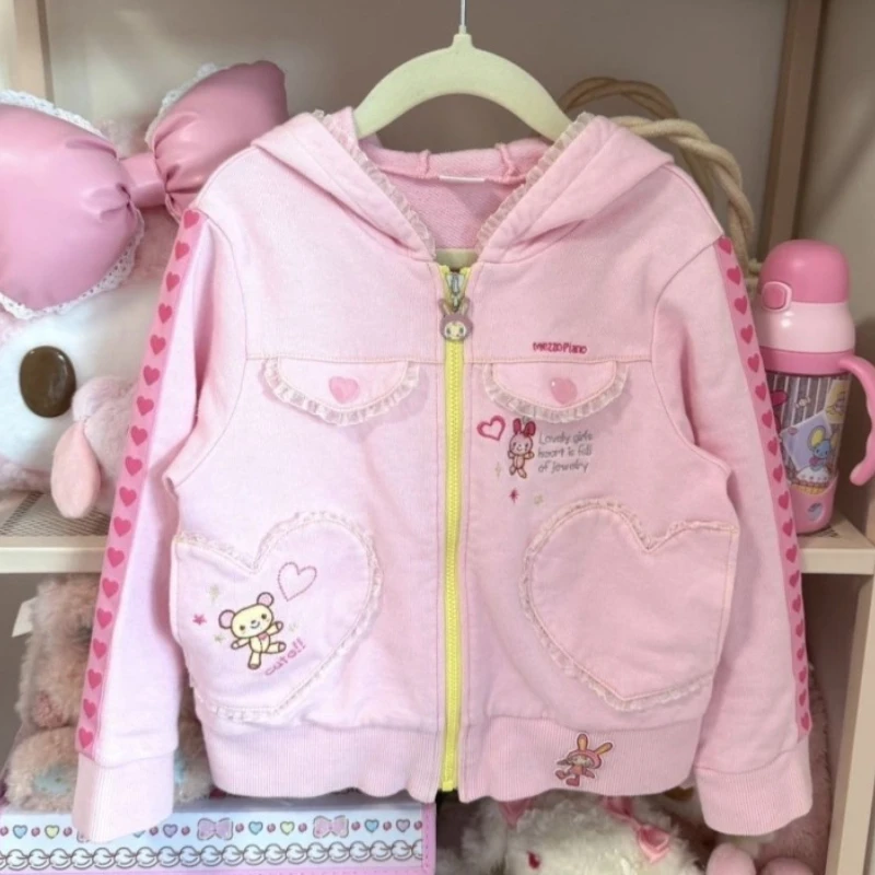 

Японское кавайное пальто с мультяшным кроликом и вышивкой в стиле Лолиты, женское милое кружевное лоскутное пальто с карманами Love Y2k, эстетичная свободная верхняя одежда