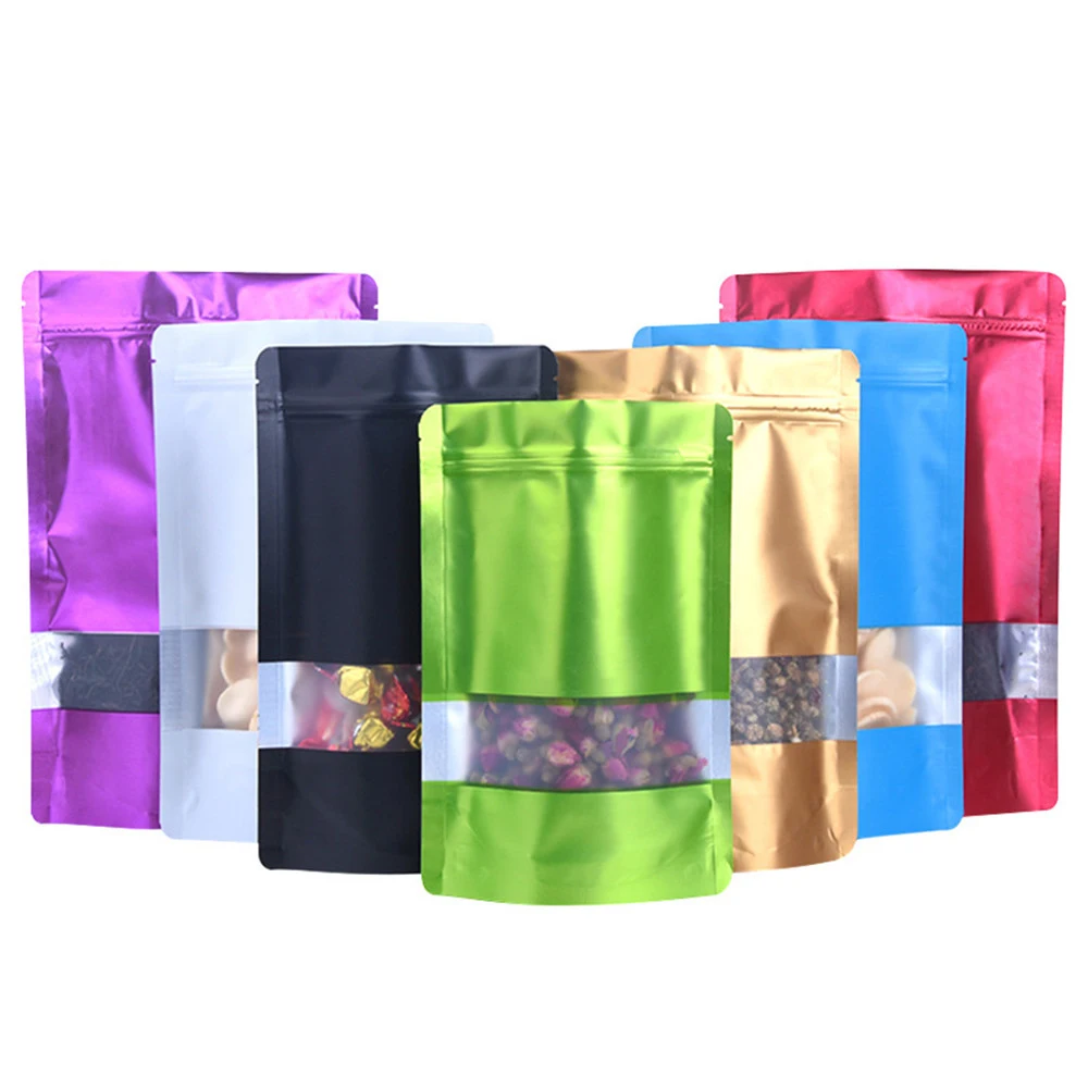 

100Pcs/lot 10x15CM Stand Up Aluminum Foil Bags with Window Resealable Zipper Package Pouches Zip Lock for Tea Nuts Snack Storage