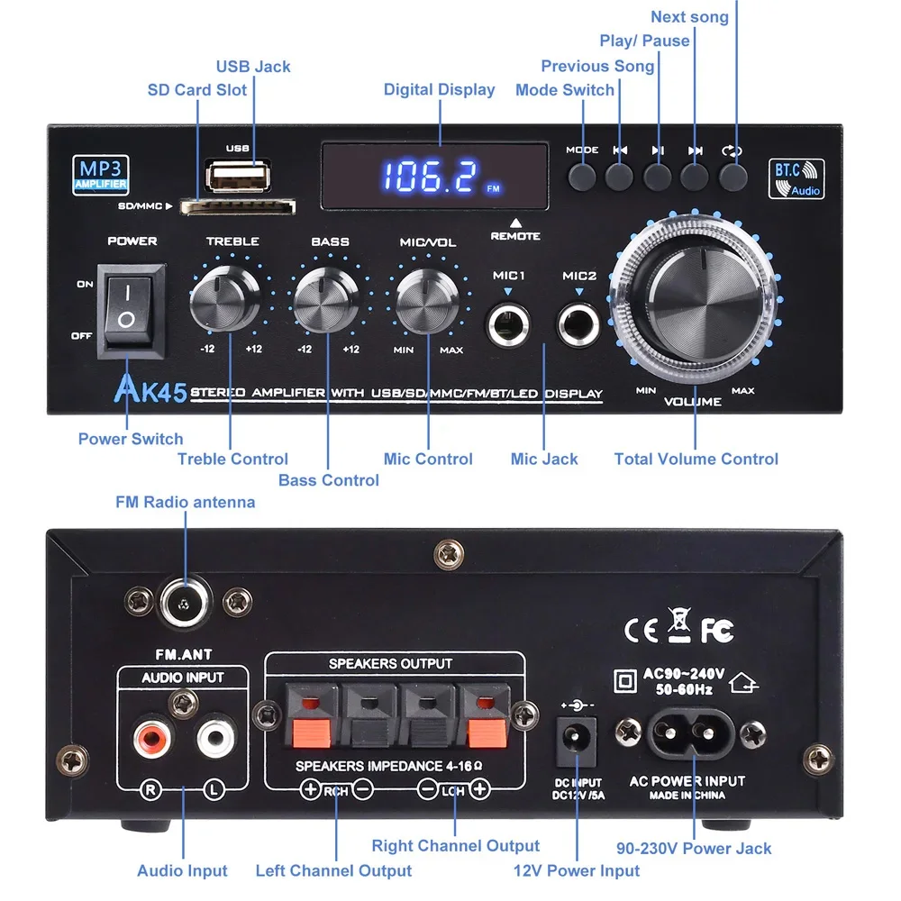 New AK45 12V 90V-240V Bluetooth Amplifier USB HiFi Stereo Digital Car Audio with Remote Control USB FM Car Home Theater System