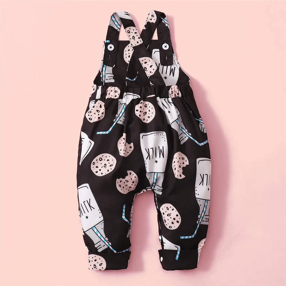 Summer Baby Clothes For Newborn Boy Jumpsuit Overalls Cartoon Cute Western-style Baby Bottle Biscuit Print Strap Baby Romper