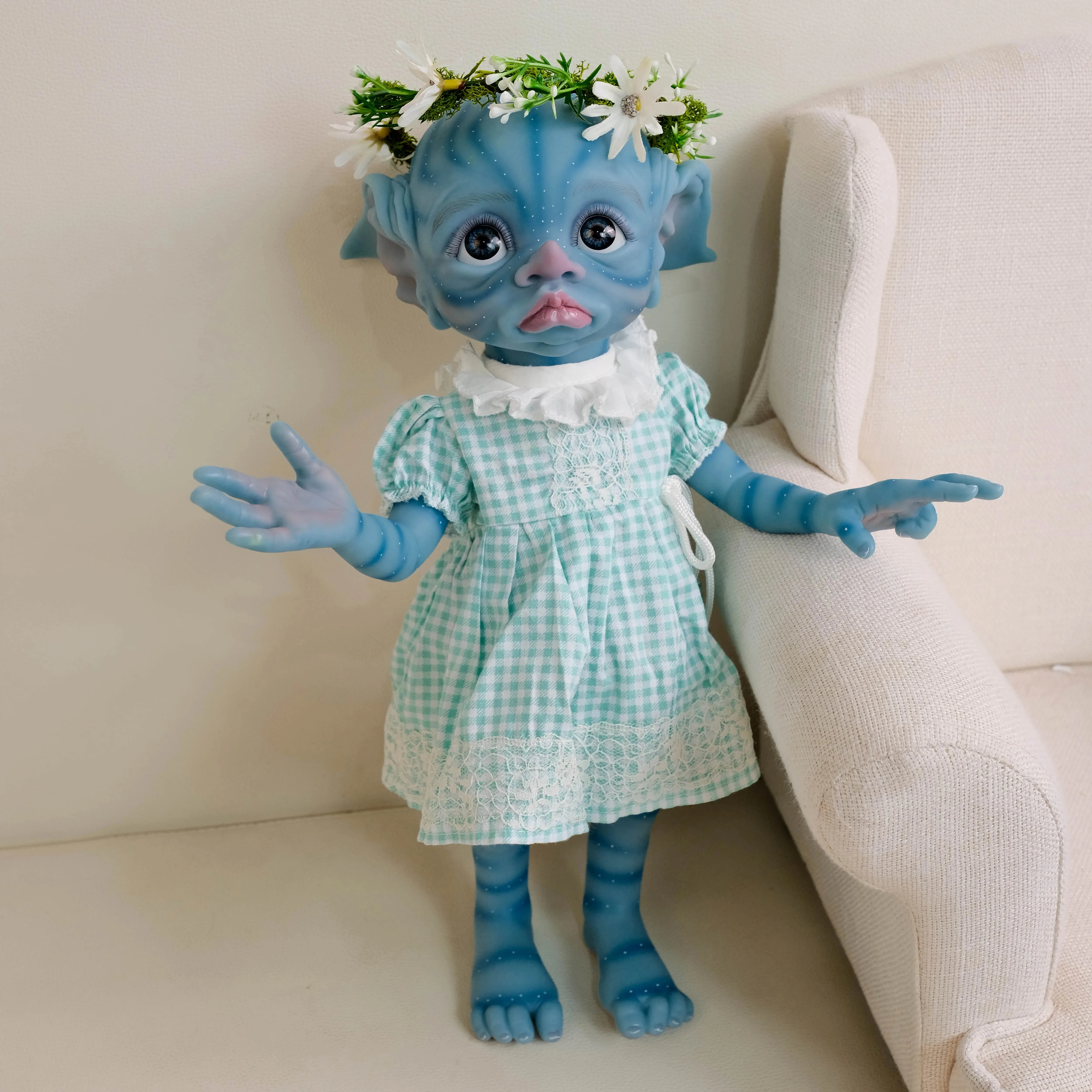 Tinky da 16 pollici Pelle blu Fata Elfo Baby Bambola finita già dipinta Bambola d'arte da collezione Reborn in morbido silicone per tutto il corpo