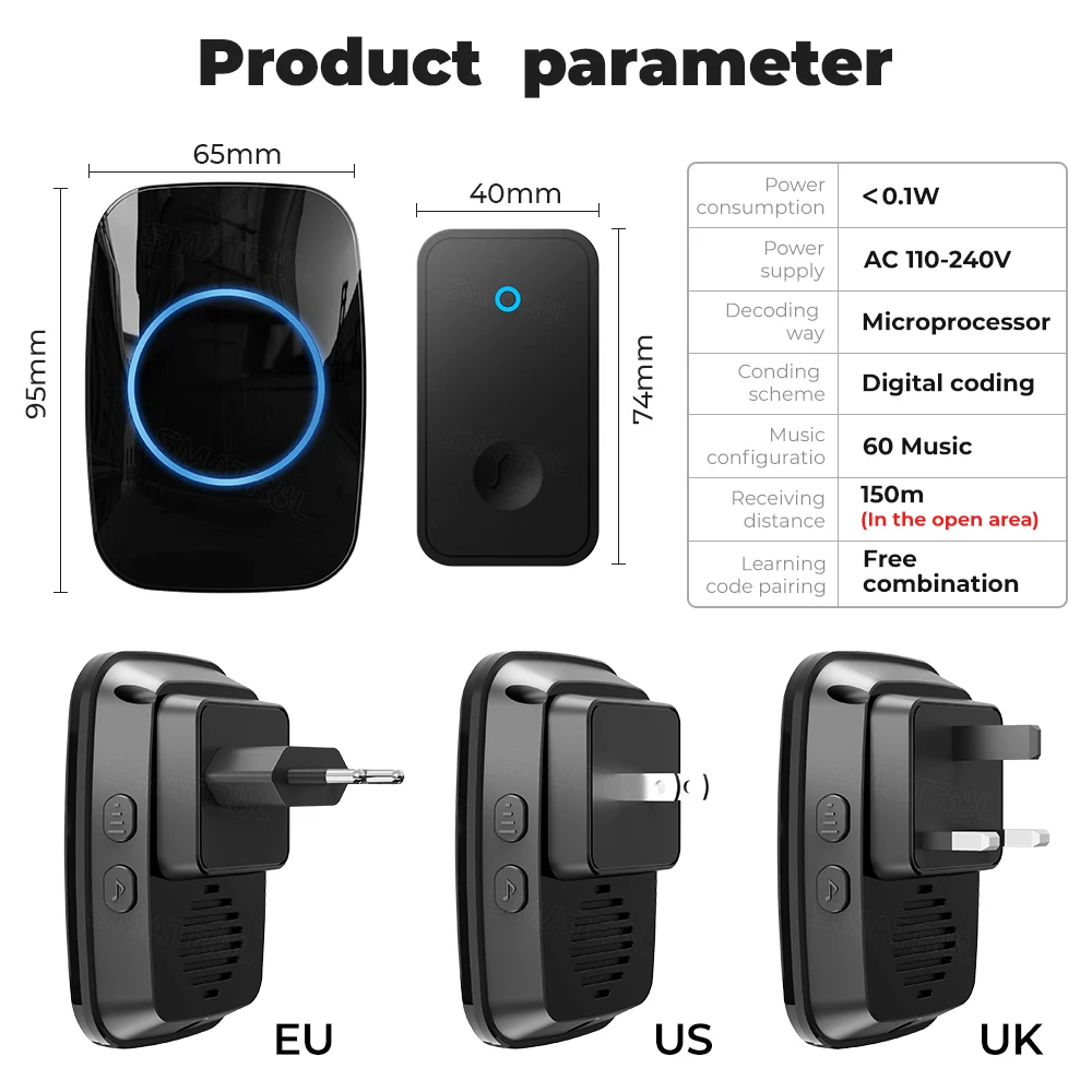 Timbre inalámbrico autoalimentado a prueba de agua, timbre de puerta, anillo sin batería, enchufe eléctrico para UE, Reino Unido, EE. UU., receptor