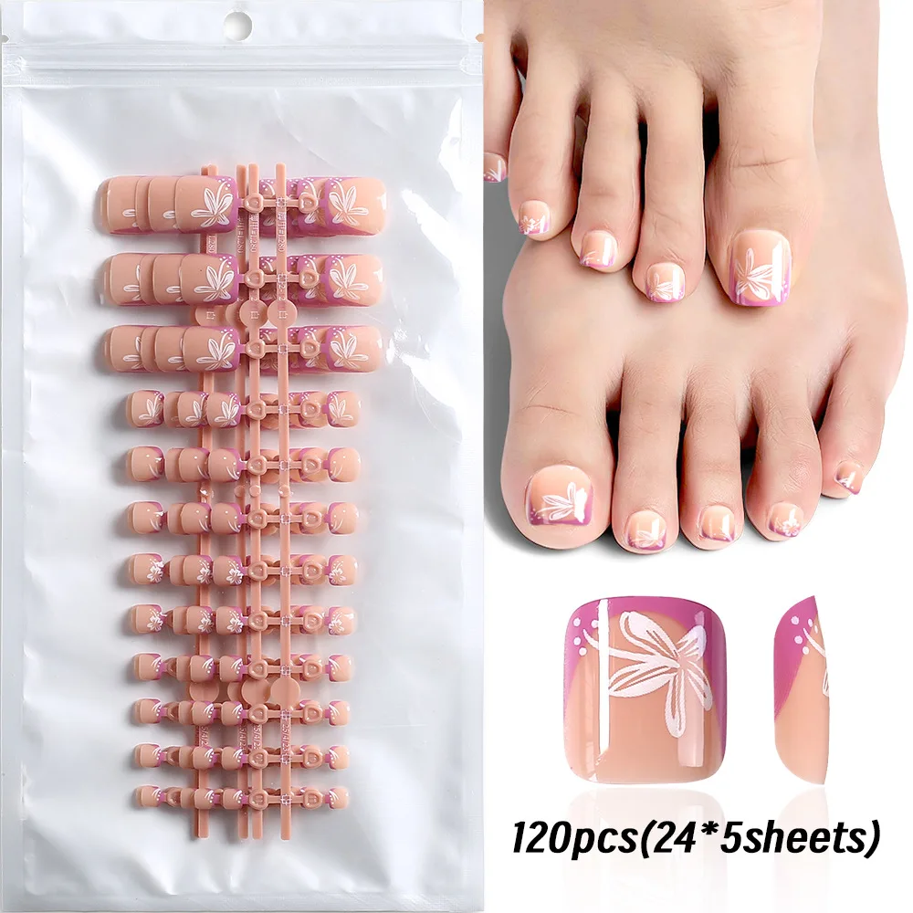 

120Pcs/Box French Fake Toenails Butterfly/Flower Design Short Square Press On Toenail Glossy Full Cover False Toe Nail Extension