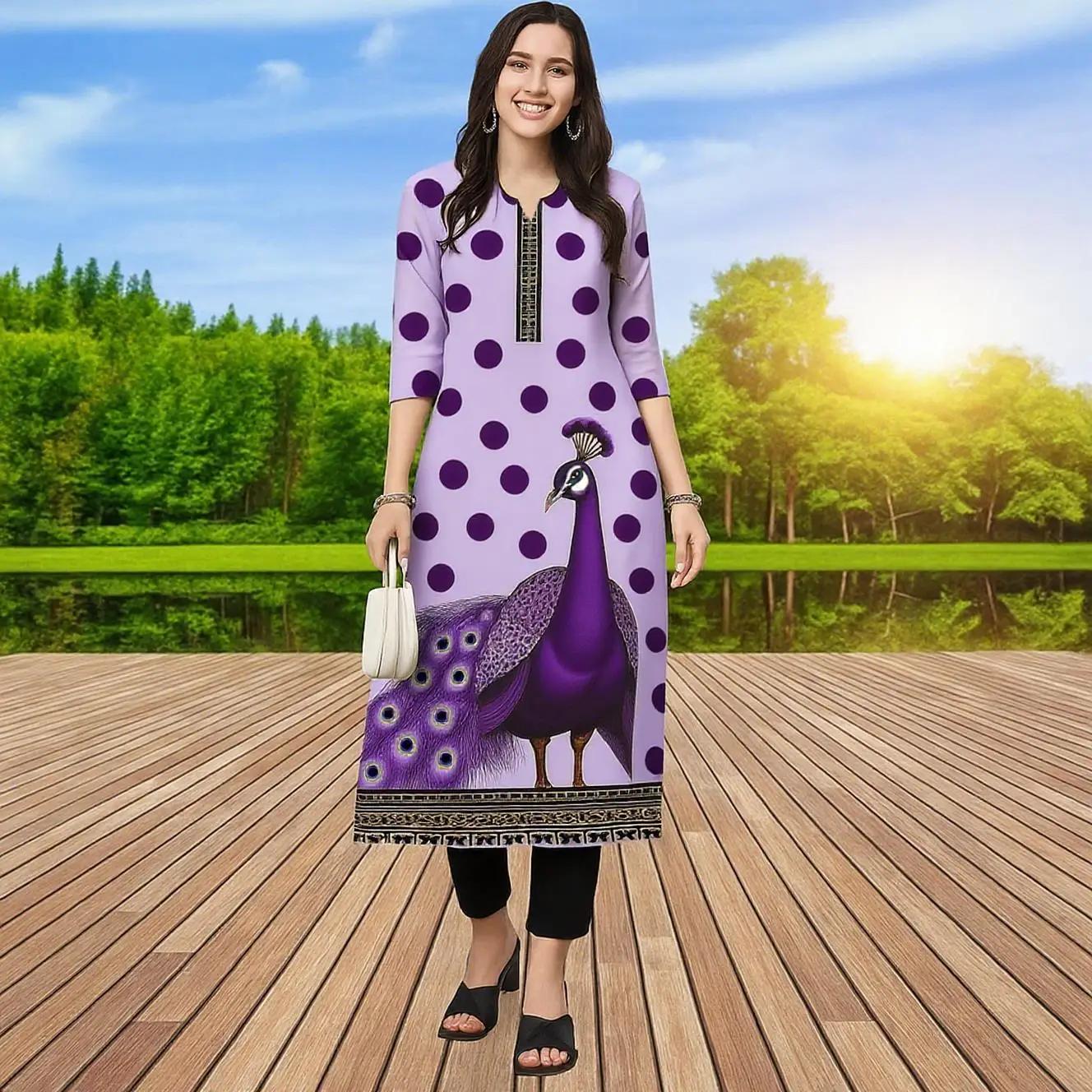 مسلم كورت المرأة عارضة أزياء اللباس الطاووس أنبوب مستقيم عارضة العرقية الطاووس النمط الوطني Islamische Kleidung Frauen