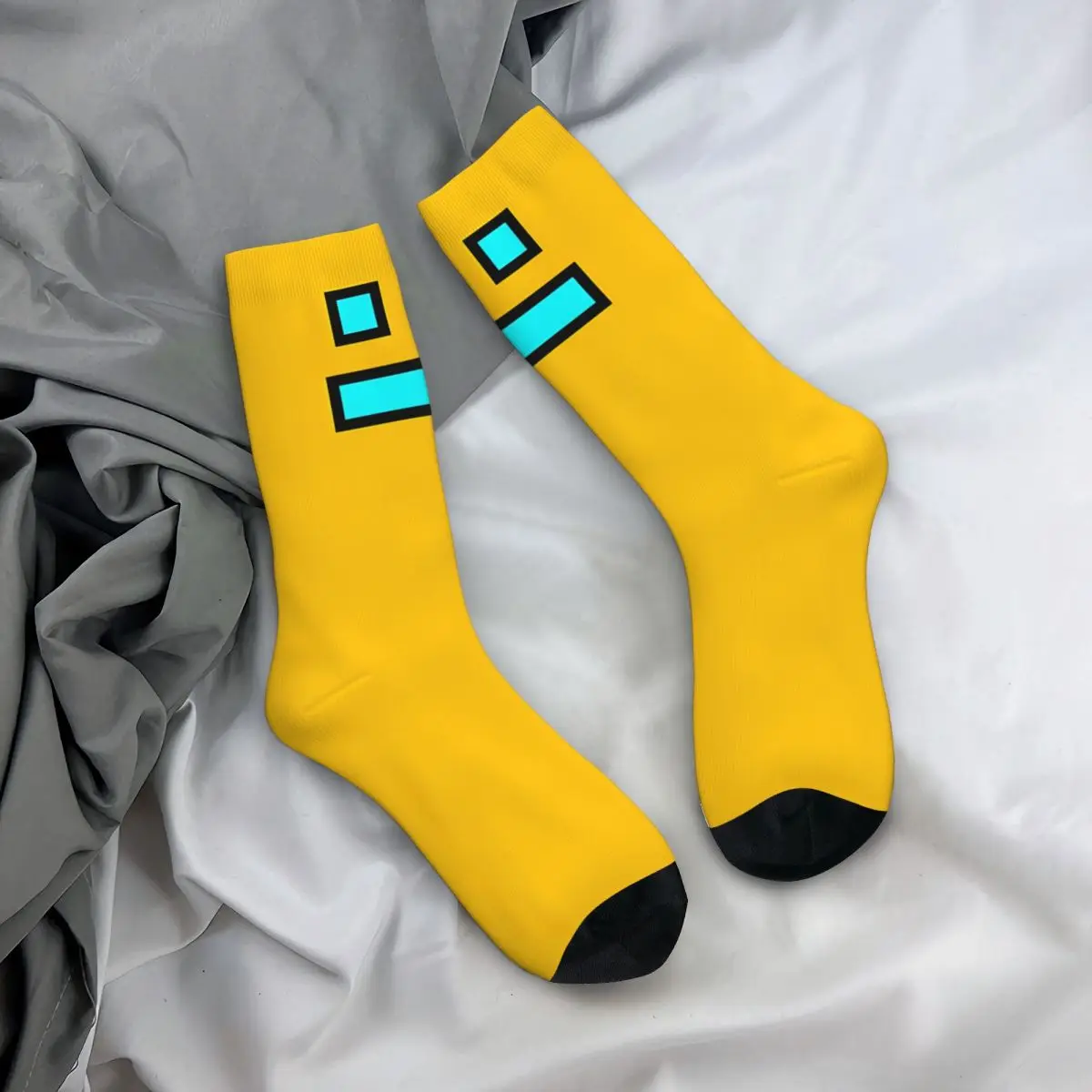 Funny Happy Men\'s compression Socks Yellow Geometry Vintage Harajuku Geometry Dash Game Hip Hop Novelty Casual Crew Crazy Sock