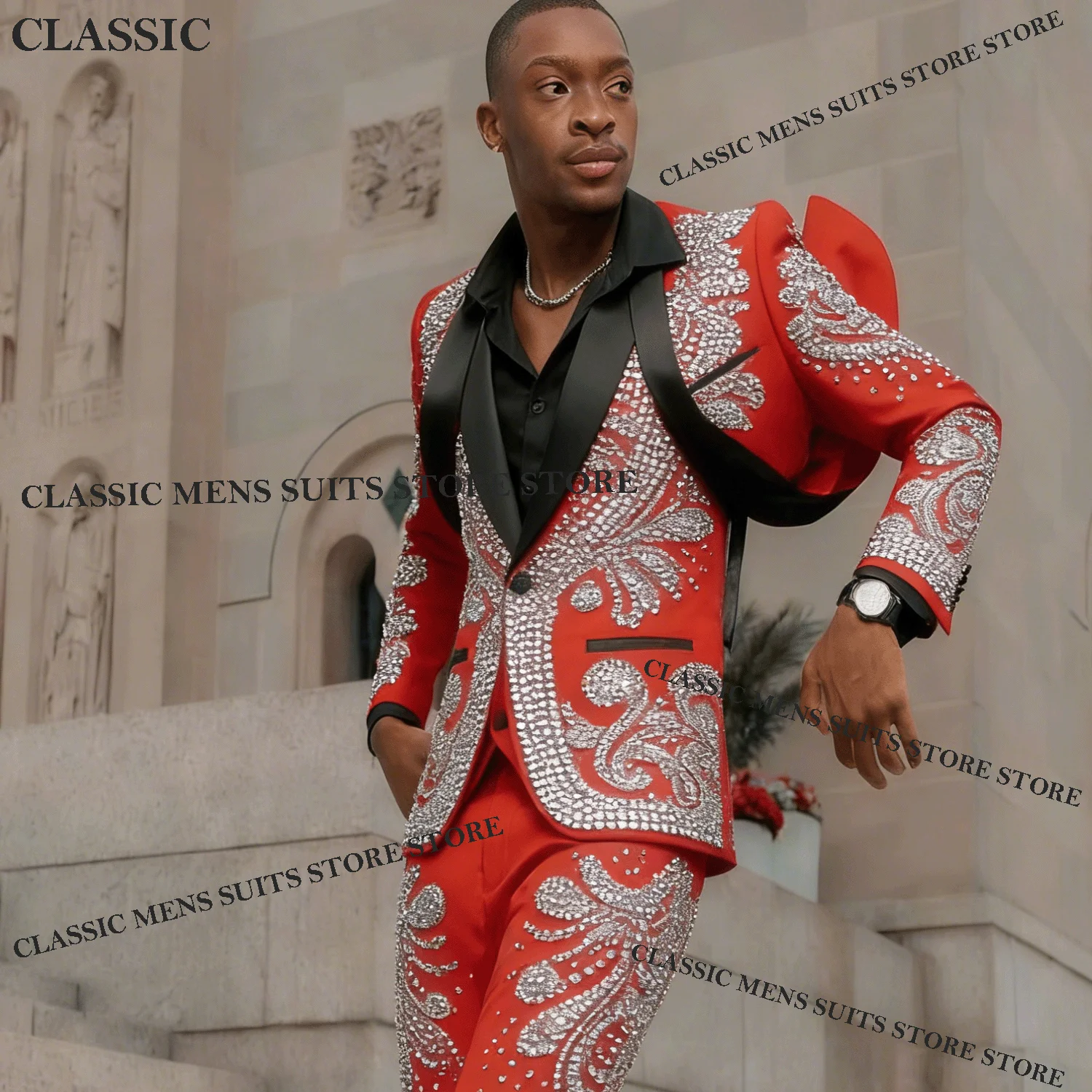 

Elegant Embroidery Fashion Gem Male Prom Party Customized Blazer 2 Pieces Sets Men Suit For Wedding Groom Tuxedos Slim Fit Homme