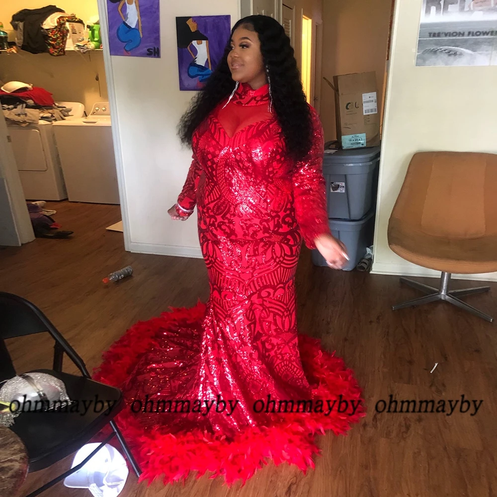 Red Plus Size Red Feather Prom Gowns for Women High Neck Mermaid Evening Dresses 2024 Hot Sale Vestidos De Fiesta Zopper