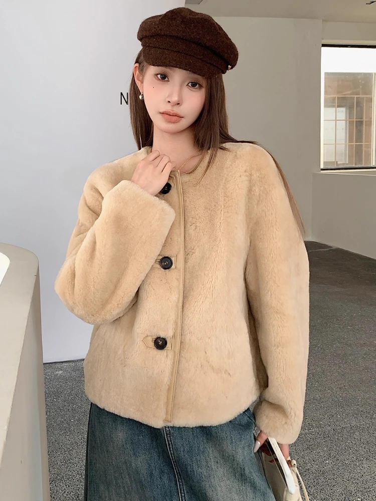 

High-end Luxury Merino Sheep Fur Winter Furry Jackets for Women 2026 Simple Classic O-neck Short Genuine Leather Real Fur Coat
