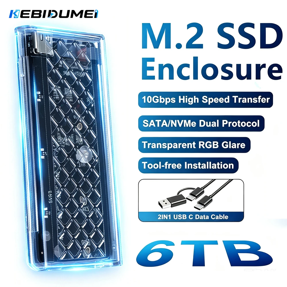 KEBIDUMEI Adattatore USB C a USB M.2 NVMe PCIe NGFF SATA 10Gbps, Enclosure SSD NVMe SATA, Case per Disco Rigido Trasparente RGB